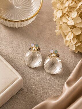 Yeno Faceted Crystal Stud Earrings Faux Pearl Multicolor Rhinestone Silver Tone